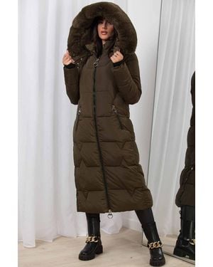 JESS Long Puffer Coat With Faux Fur Hood & Zip Pockets - Brown
