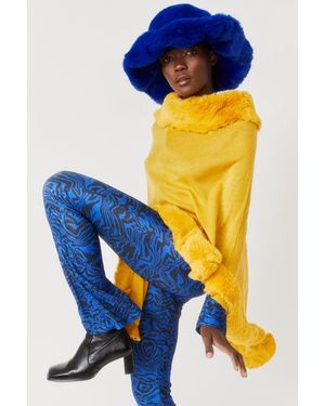 Jayley Faux Fur Trim Poncho - Blue