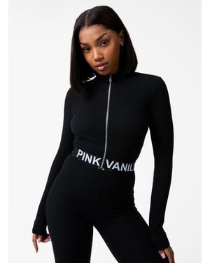 Pink Vanilla Ribbed Zip Up Top With Logo Band - Blue