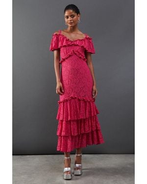 Warehouse Corded Lace Ruffle Fallen Shoulder Midi Dress - Pink