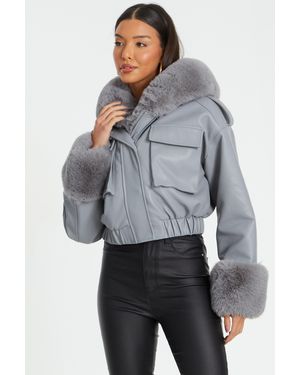 Quiz Faux Fur Bomber Jacket - Grey
