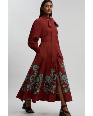 Karen Millen Cotton Border Cutwork Maxi Dress With Ladder Lace Trim - Red