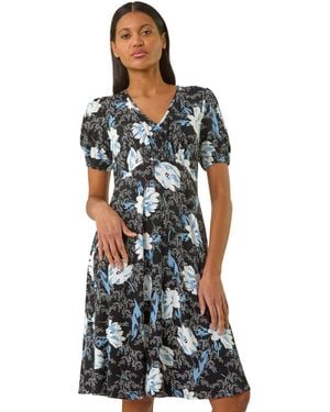 Roman Floral Print V-Neck Stretch Midi Dress - Blue