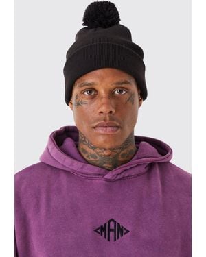 BoohooMAN Flat Knit Bobble Beanie - Purple