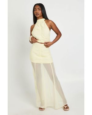 Boohoo Chiffon Ruched Halterneck Top And Maxi Skirt Co-Ord - Natural