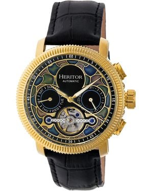 Heritor Aura Semi-Skeleton Leather-Band Watch - Multicolour