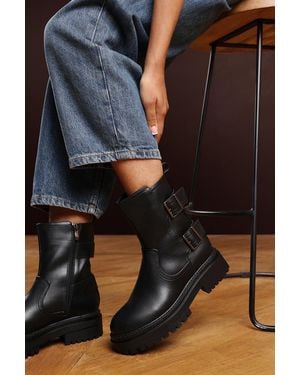 Where's That From Wheres 'Quora' Mid Calf Low Heel Chunky Biker Boots With Double Buckle Strap Detail - Blue