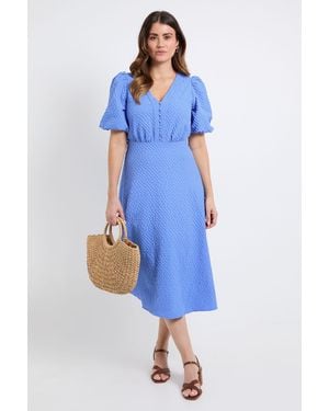 Wallis Textured Puff Sleeve Midi Dress - Blue
