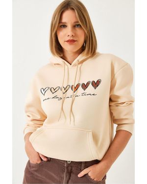 Bianco Lucci Hooded Cotton Motto Hoodie With Pocket - Natural