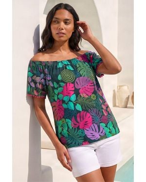 Roman Printed Bardot Stretch Top - Green