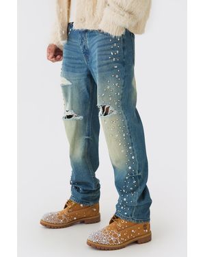 BoohooMAN Relaxed Rigid Flared Embellished Ripped Jeans - Blue