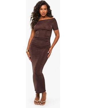 Boohoo Accetate Slinky Draped Neck Ruched Midi Dress - Red