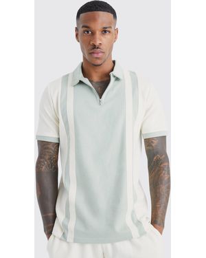 BoohooMAN Slim Panelled Zip Neck Interlock Polo - White