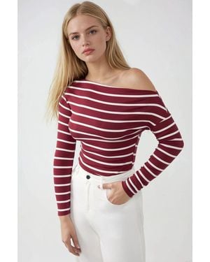 Hiccup Striped Off-Shoulder Long Sleeve Ribbed Knit Top - Red
