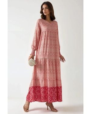Hiccup Printed Viscose Maxi Dress With Crew Neck - Red