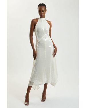 Karen Millen Sequin Halter Neck Hanky Hem Maxi Dress - White