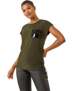 Roman Sequin Pocket Side Ruched T-Shirt - Green
