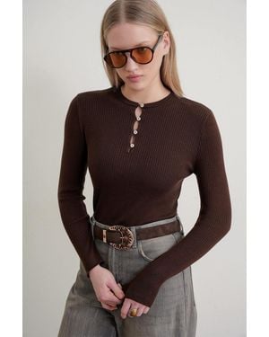 MixRay Button Detailed Crew Neck Jumper - Brown