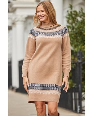 Sosandar Camel Fairisle Knitted Shift Dress - Natural