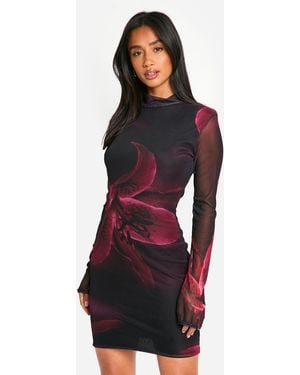 Boohoo Petite Bold Floral Mesh Mini Dress - Red