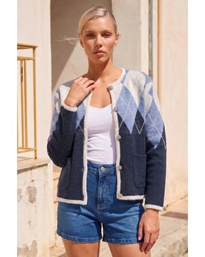 Roman Petite Buttoned Argyle Knit Cardigan - Blue