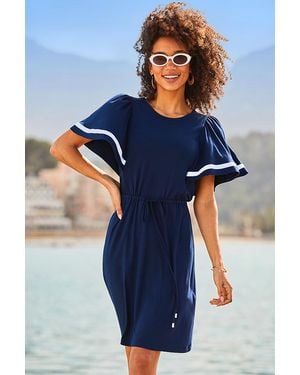 Sosandar Contrast Trim Flutter Sleeve Dress - Blue