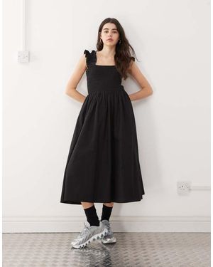 Collusion Woven Ruched Strap Midi Dress - Black