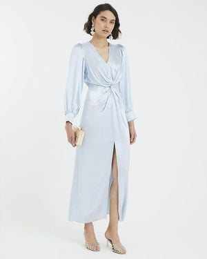 River Island Maxi Dress Satin Long Sleeve Twist Front Viscose - Blue