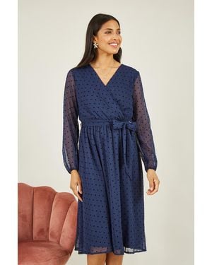 Mela London Dobby Spot Long Sleeve Wrap Over Midi Dress - Blue