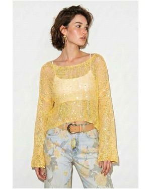 Bianco Lucci Loose Sequin Knit Crop Top - Yellow