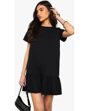 Boohoo Cotton Ruffle Dropped Hem Smock Dress - Black