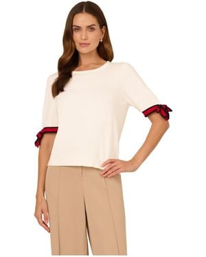 Adrianna Papell Striped Bow Short Sleeve Jumper With Crew Neckline - Natural