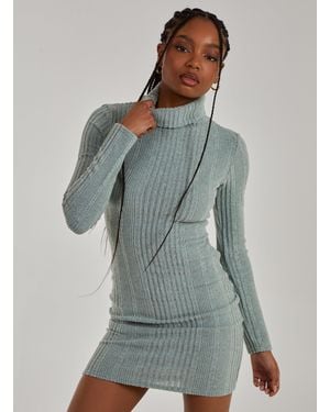 Pink Vanilla Chunky Brushed Rib Roll Neck Dress - Grey