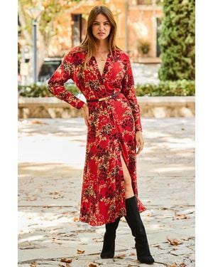 Sosandar Multi Print Midi Shirt Dress - Red