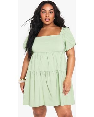 Boohoo Plus Extreme Puff Sleeve Tiered Smock Dress - Green