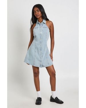 Boohoo Halterneck Cinched Button Front Denim Mini Dress - Blue