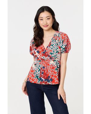 Izabel London Ditsy Floral Faux Wrap V-Neck Top Short Sleeve - Red