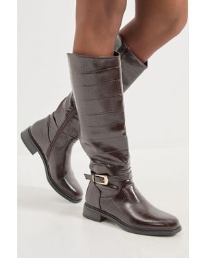 Wallis Emmy Faux Patent Large Croc Print Buckle Detail Knee High Riding Boots - Brown