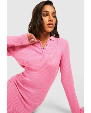 Boohoo Polo Collar Rib Knit Midi Dress - Pink