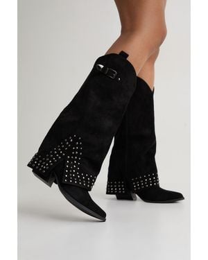 Boohoo Faux Suede Fold Over Stud Detail Western Boots - Black
