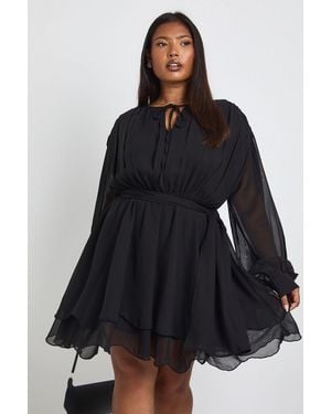 Boohoo Plus Chiffon Long Sleeve Skater Dress - Black