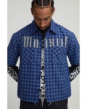 BoohooMAN Oversized Microflannel Mmxiii Applique Double Pocket Boxy Shirt - Blue