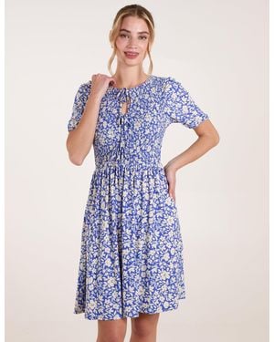 Blue Vanilla Tie Keyhole Front Puff Sleeve Dress - Blue