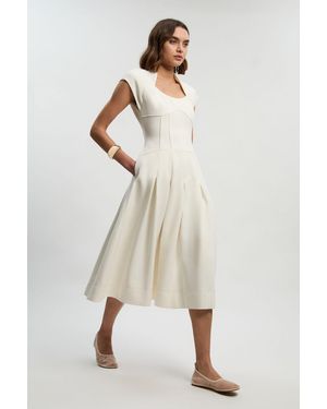 Karen Millen Compact Stretch Dropped Waist Full Skirted Midi Dress - Natural