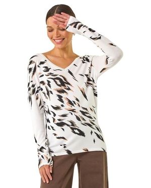 Roman V Neck Print Jumper - White