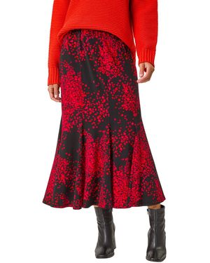 Roman Abstract Print Asymmetric Stretch Skirt - Red