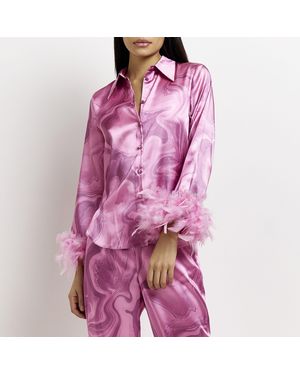 River Island Shirt Satin Printed Feather Cuff - Pink