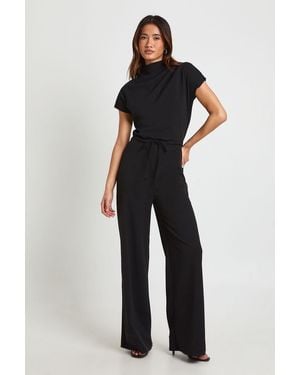 Boohoo Crepe Grown On Neck Drawstring Waistband Wide Leg Jumpsuit - Blue
