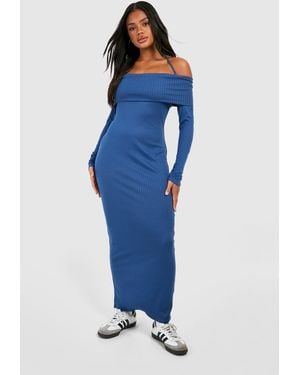 Boohoo Halterneck Bardot Brushed Rib Maxi Dress - Blue