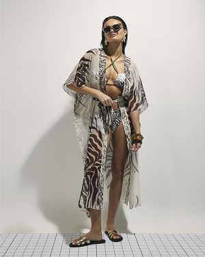 River Island Kimono Animal Print Embroidered Beaded - Natural